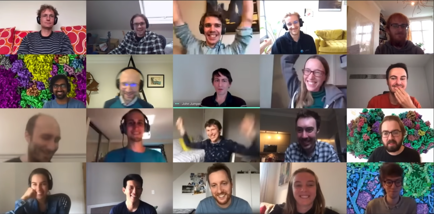 The AlphaFold team celebrating the CASP14 results on a video call