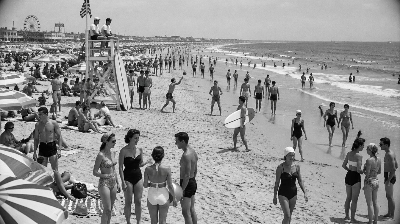 Crowded beach, black and white, early 1960s
