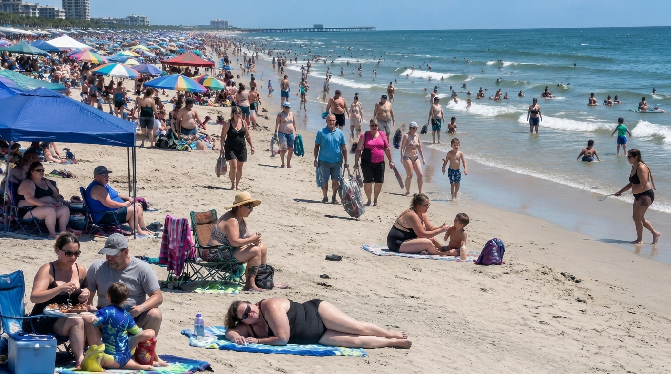 Crowded beach, color, today