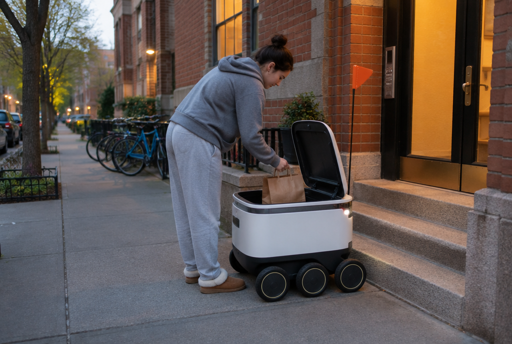 Person collecting a food order from a delivery robot at her doorstep