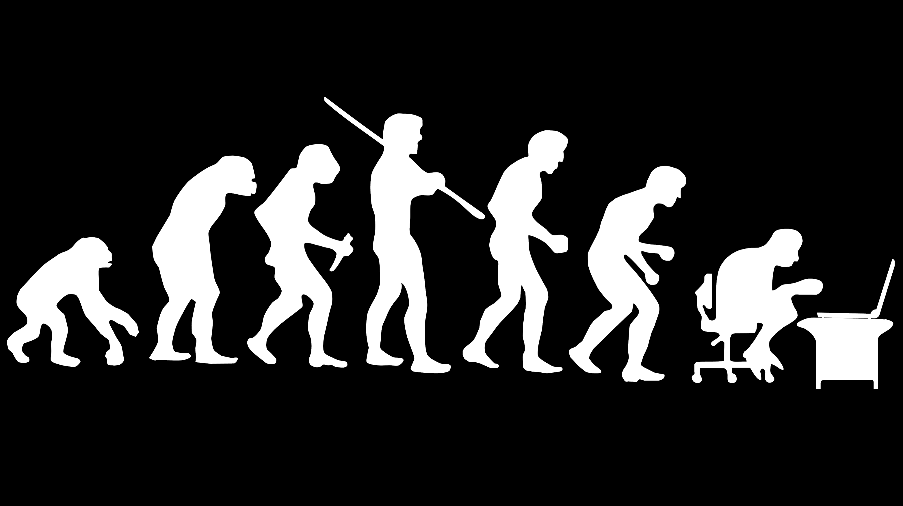 Evolution silhouettes ending with a human hunched in an office chair at a laptop