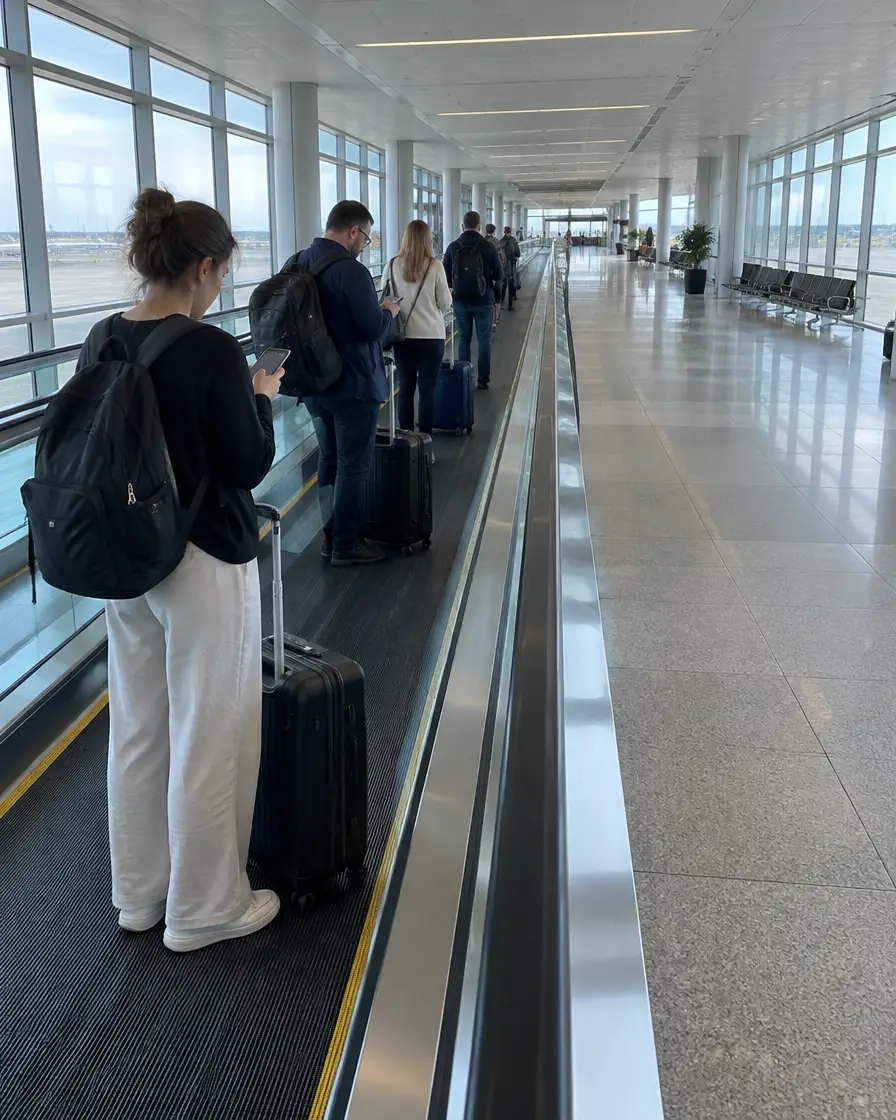 Travelers standing still on an airport moving walkway