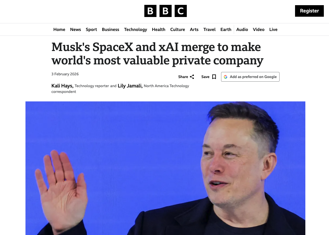 BBC: Musk's SpaceX and xAI merge to make world's most valuable private company