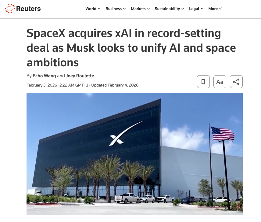 Reuters: SpaceX acquires xAI in record-setting deal