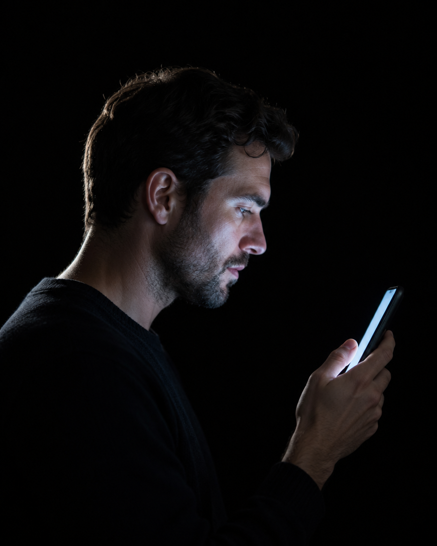 A man in profile, lit by his phone