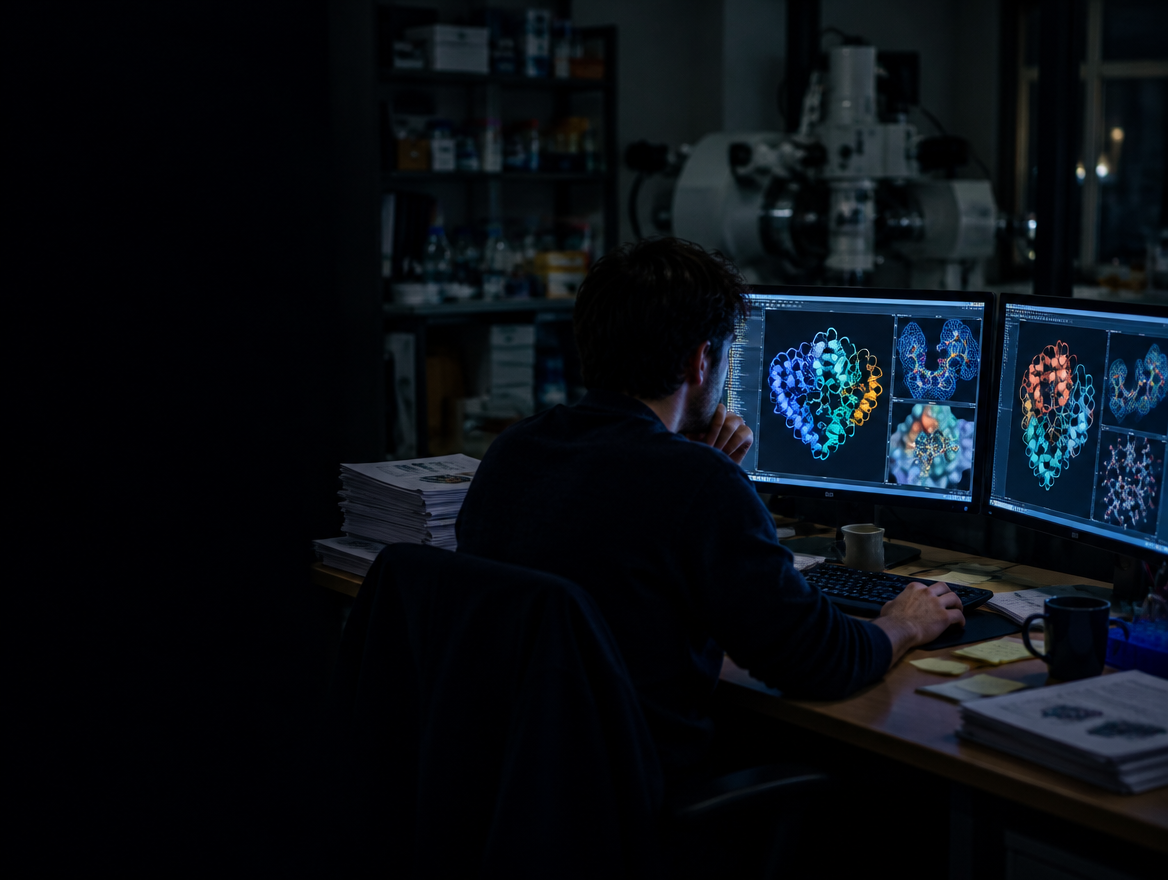 A researcher at night, protein structures on two monitors