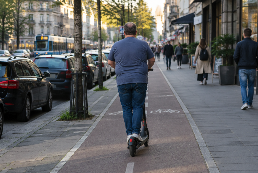Man riding an electric scooter down a city bike lane