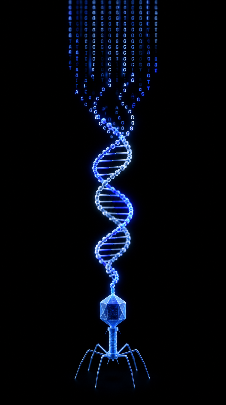 Genetic code letters forming a DNA helix that ends in a bacteriophage virus